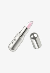 Silver KIKO Milano lipstick with a clear outer layer and pale pink inner core, shown with cap removed on a white background.