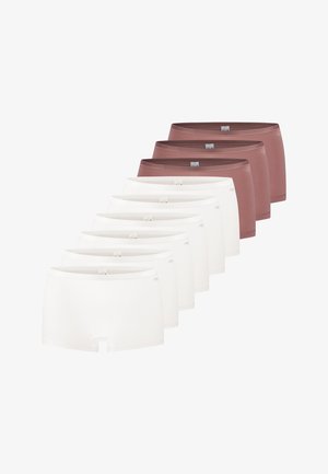 Zestaw ośmiu bokserek: cztery białe i cztery ciemnobrązowe. Wykonane z gładkiej, rozciągliwej tkaniny z miękkim pasem i bez widocznych szwów.