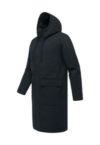 Black long coat with a hood, made of woven fabric. Features two front patch pockets and drawstring adjustments at the neck and cuffs.
