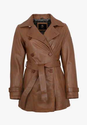 Brauner Ledertrenchcoat mit einem doppelt geknöpften Vorderteil, Knopfakzenten, einer taillierten Taille und einem gemusterten Innenfutter.