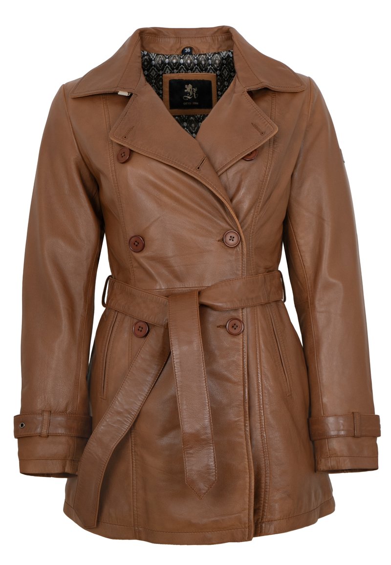 Brauner Ledertrenchcoat mit einem doppelt geknöpften Vorderteil, Knopfakzenten, einer taillierten Taille und einem gemusterten Innenfutter.