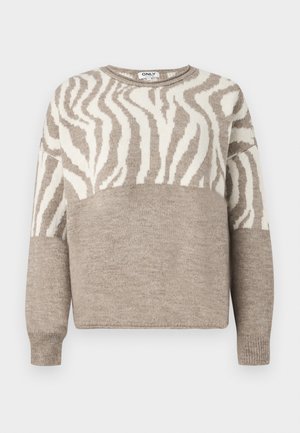 Sweater de malha bege com padrão de zebra em creme, apresentando um decote redondo e punhos ribados. Textura suave e ajuste relaxado.