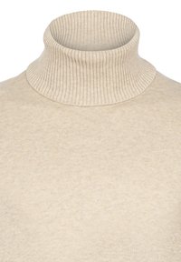 Vaaleanbeige turtleneck-neule ribbikudotusta kankaasta, jossa on korkea kaulus ja sileä pinta, sekä vartalonmyötäinen muoto.