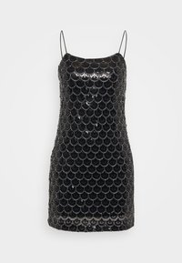 Fekete flitteres ruha, amely testhezálló szabású, pikkelyszer�ű mintával, vékony pántokkal és egyenes nyakkivágással rendelkezik. Texturált és fényes felület.