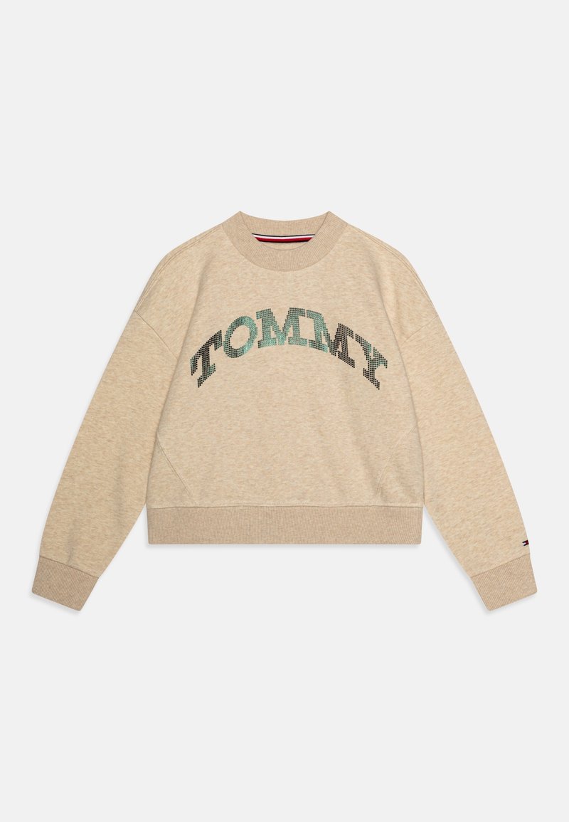Beige zkrácená mikina s kulatým výstřihem, na přední straně zdobená třpytivým nápisem "TOMMY" z černých a zelených flitrů.