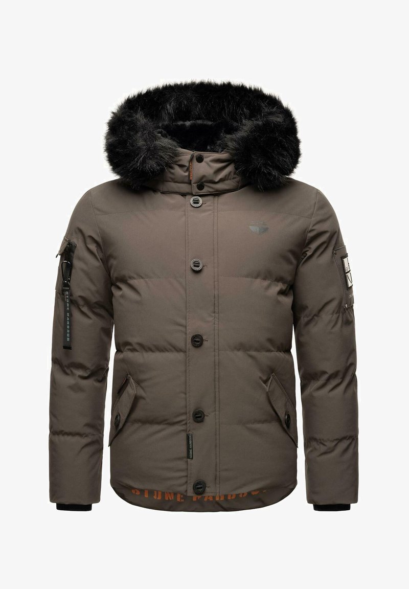 Rudas pūkuotas švarkas su kailiniu gaubtu, priekiniais mygtukais, šoninėmis kišenėmis ir užtraukiama rankovės kišenė. Yra prekės ženklo logotipas.