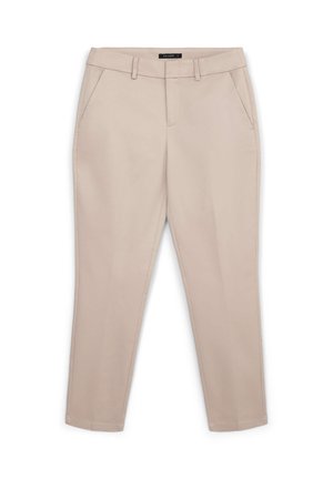 Light beige slim-fit trousers with belt loops, front pockets, and a zipper fly, displayed on a white background.