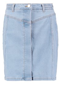 Vaaleansininen farkuhame, jossa on muotoiltu malli, suora leikkaus, etusauman yksityiskohta ja nappikiinnitys vyötäröllä. Hieman käsityönäommeltu helma.