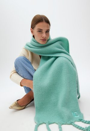 Écharpe en laine vert menthe avec des bords effilochés, arborant un logo brodé subtil. Texture douce, drapée sur une personne assise.