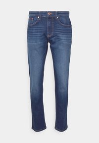 Mörkblå jeans i denim med rak ben, med knappstängning, fem fickor och kontrasterande sömmar. Mjuk textur.