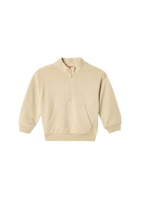 Sudadera cremosa con cremallera y cuello alto, mangas largas, un bolsillo frontal, y puños y dobladillo de canalé. Material suave de mezcla de algodón texturizado.