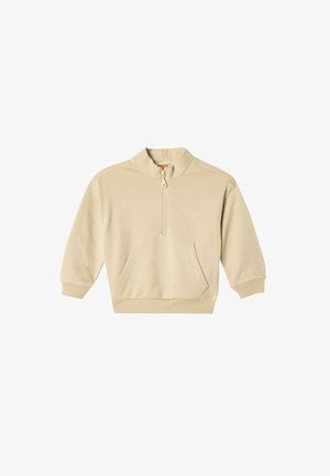 Sudadera cremosa con cremallera y cuello alto, mangas largas, un bolsillo frontal, y puños y dobladillo de canalé. Material suave de mezcla de algodón texturizado.