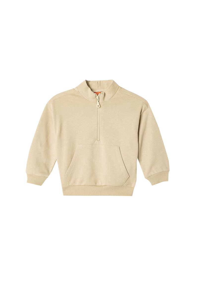 Sudadera cremosa con cremallera y cuello alto, mangas largas, un bolsillo frontal, y puños y dobladillo de canalé. Material suave de mezcla de algodón texturizado.