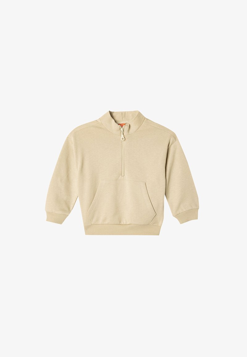 Felpa beige con zip, colletto alto, maniche lunghe, tasca frontale e polsini e orlo a coste. Materiale morbido in cotone misto testurizzato.