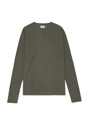 T-shirt à manches longues, vert olive, en tissu doux. Équipé d'un col rond et d'une coupe droite sans motifs ni accents.