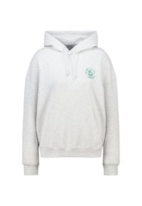 Grey hooded sweatshirt made of soft fabric, featuring a front pouch pocket and a flower graphic in green on the left chest area.