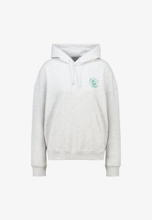 Sweat-shirt à capuche gris en tissu doux, avec une poche kangourou à l'avant et un graphique de fleur verte sur le côté gauche de la poitrine.