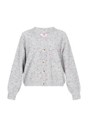 Grå strikket cardigan med farverige prikker, v-hals og fem træknapper. Har lange ærmer og et cropped design.