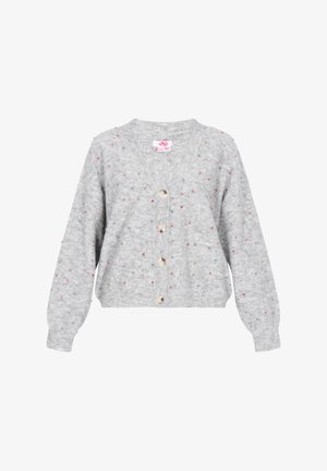 Šedý pletený cardigan s barevnými tečkami, výstřihem do V a pěti dřevěnými knoflíky. Má dlouhé rukávy a zkrácený střih.