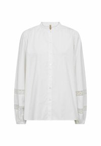 Blusa bianca con colletto alto, bottoni frontali e maniche lunghe con dettagli in pizzo. Tessuto di cotone liscio.