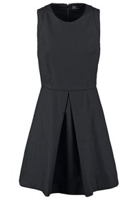 Robe noire sans manches en forme trapèze avec col rond et pli creux devant, fermeture éclaire au dos.