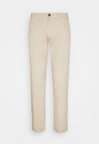 Chinos in cotone beige con vestibilità dritta, con chiusura anteriore a bottone e una texture sottile. Nessun motivo o accento visibile.