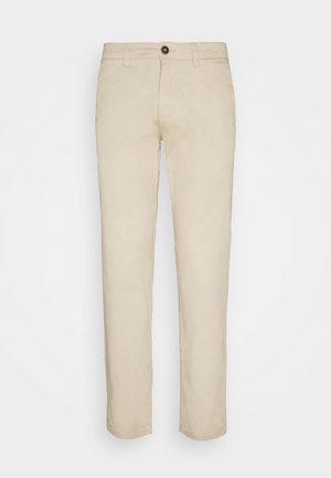 Chinos in cotone beige con vestibilità dritta, con chiusura anteriore a bottone e una texture sottile. Nessun motivo o accento visibile.