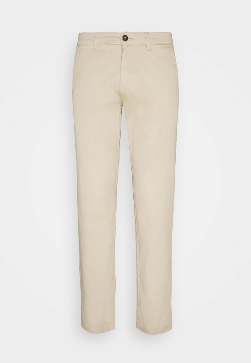 Chinos in cotone beige con vestibilità dritta, con chiusura anteriore a bottone e una texture sottile. Nessun motivo o accento visibile.