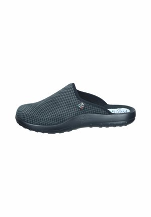 Schwarze Clogs zum Hineinschlüpfen mit einer strukturierten grauen Oberseite, runder Zehenpartie, gepolsterter Sohle und niedrigem Profil für Komfort und Unterstützung.