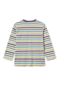 Camicia a maniche lunghe con strisce orizzontali in viola, giallo, teal, verde e bianco, vista da dietro su uno sfondo bianco.