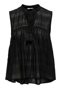 Musta ilmanhiha blouse kevyestä kankaasta, jossa on pyöreä pääntie, sävyyn sointuva pilkkukuosi ja nauhakiinnitys edessä.