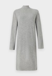 Sivo, dolgi rokav, obleka s polovičnim ovratnikom iz mehkega blaga, z ravnim krojem in minimalističnim dizajnom, brez vidnih zadrg ali vzorcev.