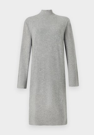 Gray, long-sleeve, mock-neck dress made of soft fabric, featuring a straight cut and minimal design without visible fasteners or patterns.