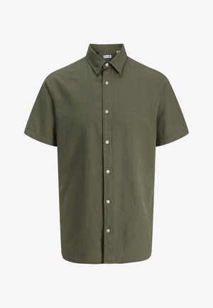Chemise boutonnée à manches courtes vert olive avec col pointu et boutons blancs sur le devant, sans motifs ni logos.