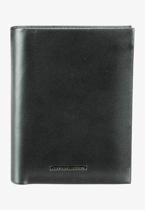 Portafoglio in pelle nera con finitura testurizzata, dotato di una placca logo in argento nella parte inferiore. Forma rettangolare con bordi arrotondati.