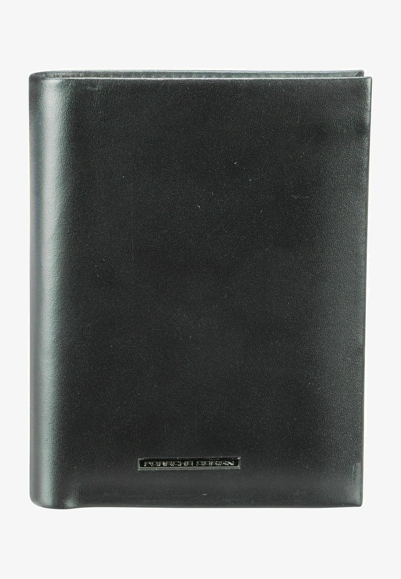 Cartera de cuero negro con un acabado texturizado, que presenta una placa de logo plateada en la parte inferior. Forma rectangular con bordes redondeados.