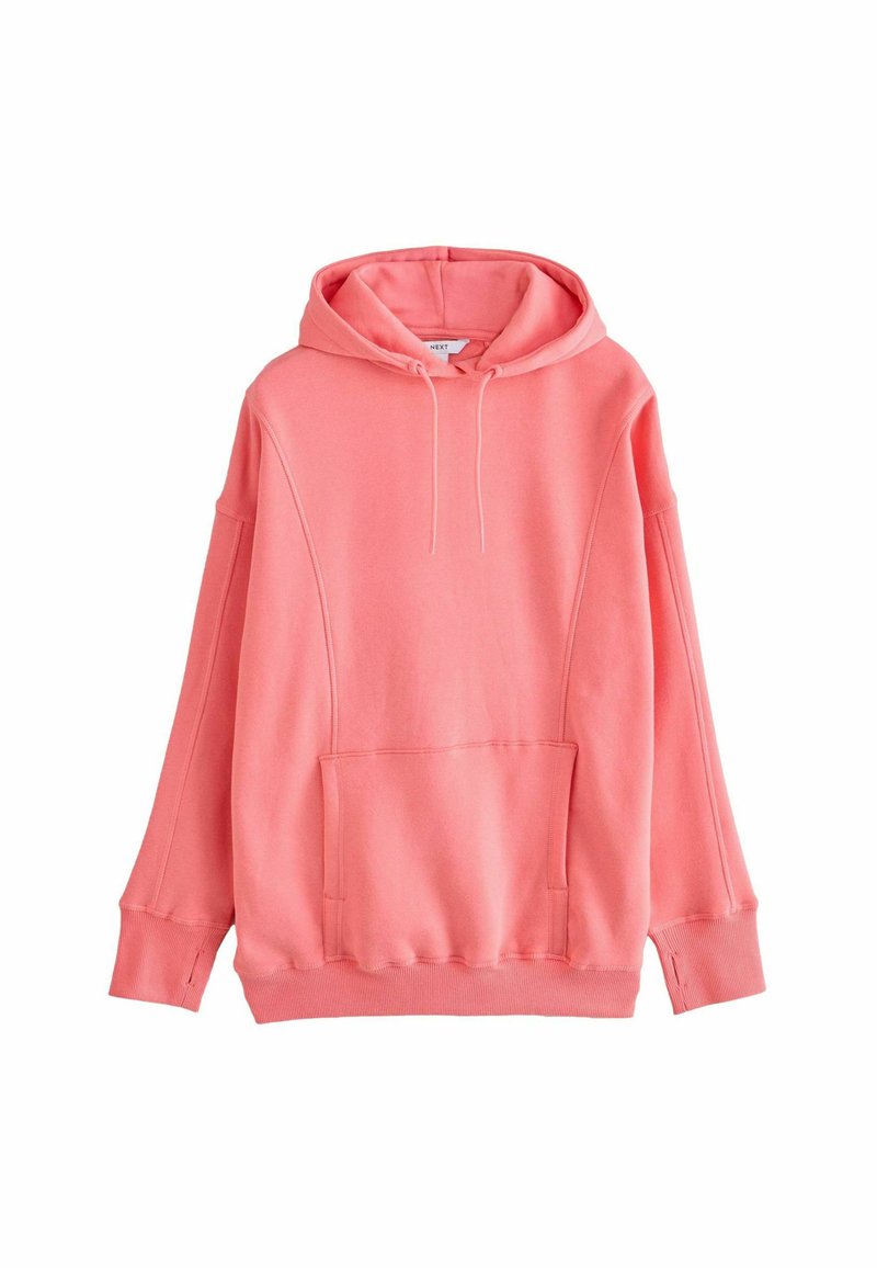Sudadera de color coral suave, hecha de una tela blanda, con un bolsillo frontal, capucha con cordones y mangas amplias con puños de canalé.
