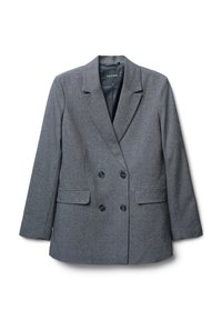 Blazer grigio doppiopetto con finitura testurizzata. Rever a lancia, due tasche frontali e sei bottoni neri come dettagli.