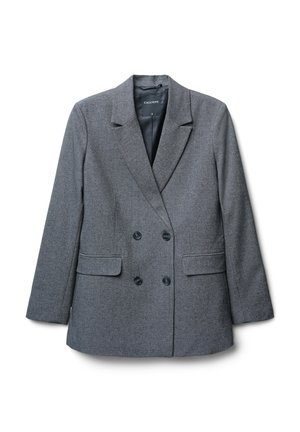 Grauer, zweireihiger Blazer mit strukturierter Oberfläche. Mit eingeschnittenem Revers, zwei Fronttaschen und sechs schwarzen Knöpfen als Akzente.