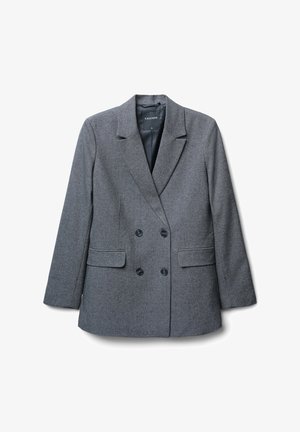 Grauer, zweireihiger Blazer mit strukturierter Oberfläche. Mit eingeschnittenem Revers, zwei Fronttaschen und sechs schwarzen Knöpfen als Akzente.