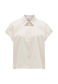 Light cream short-sleeve blouse with a button-down front and classic collar. Smooth fabric, boxy shape, and no additional patterns or accents.