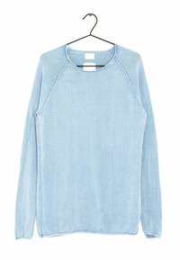 Světlomodrý svetr s dlouhými rukávy z měkké látky, s kulatým výstřihem a raglánovými rukávy s ozdobným švem podél švů.