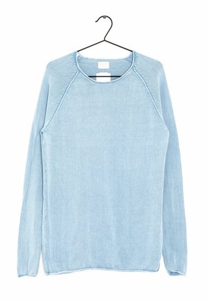 Hellblauer Pullover mit langen Ärmeln aus weichem Stoff, mit rundem Ausschnitt und Raglanärmeln mit Nahtdetail entlang der Nähte.