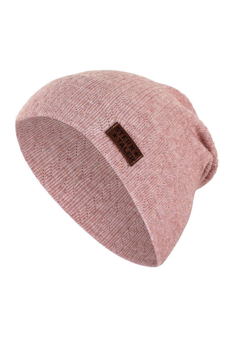 Pink knit beanie hat with a textured pattern and a folded cuff. Brown fabric label features the brand name "STERN TALER." Soft material.