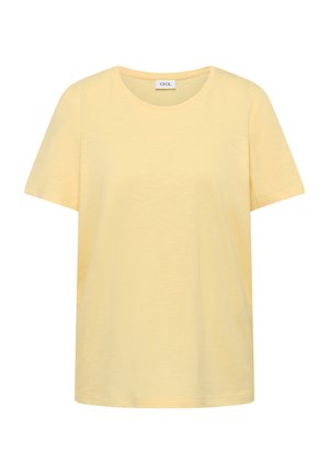 T-shirt jaune clair à manches courtes, col rond, ourlet droit et petite étiquette à l'intérieur du col portant la mention "CECIL".