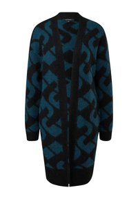 Strickjacke in Teal und Schwarz mit einem auffälligen geometrischen Muster, offener Vorderseite, langen Ärmeln und einer weichen, strukturierten Oberfläche.