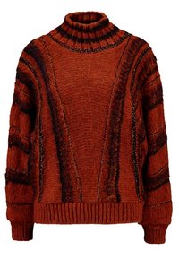 Suéter de punto color óxido con un alto cuello tipo vuelto, que presenta rayas texturizadas y un dobladillo y puños de canalé. Acentuado con hilos metálicos.