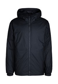 Veste à capuche noire avec fermeture éclair à l'avant, poignets élastiques et finition lisse et mate avec un logo de marque subtil sur la manche.
