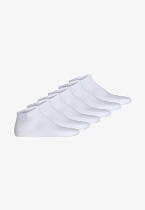 White ankle socks, made of stretchy cotton blend, featuring a smooth texture and a short cuff design. Set of six pairs displayed side by side.