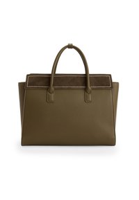 Olijfgroene handtas van textured leer met een gladde suède accent bovenkant, dubbele handgrepen en contrasterende witte stiksels.